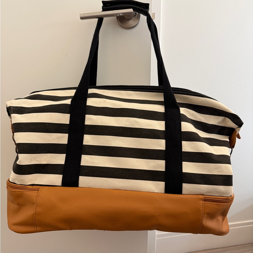 Striped Black and Tan Duffel Bag